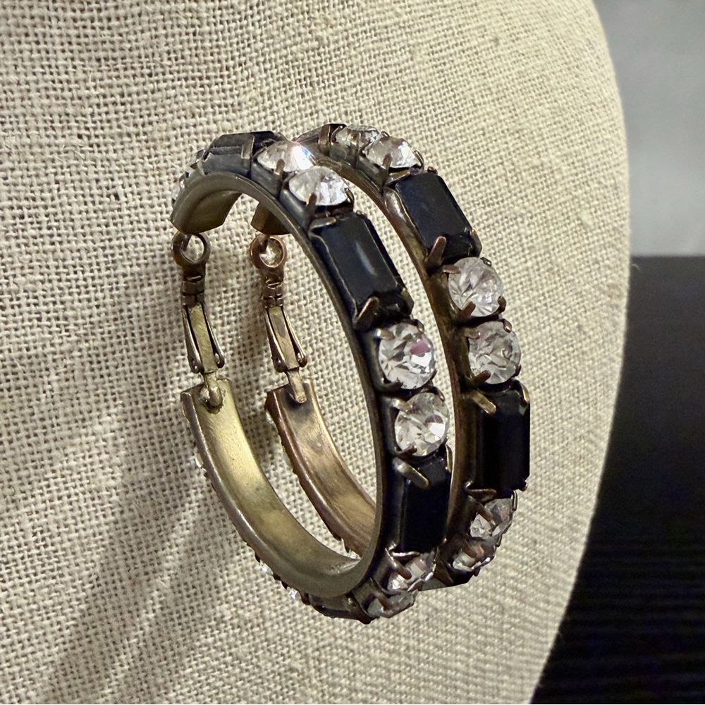 Crystal and Black Hoop Earrings Set in Antique Gold